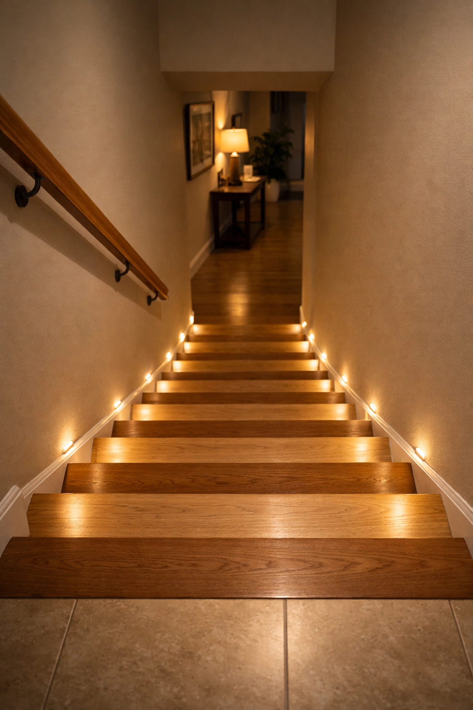Motion-activated LED baseboard lighting illuminating stairs at night to improve visibility and safety.