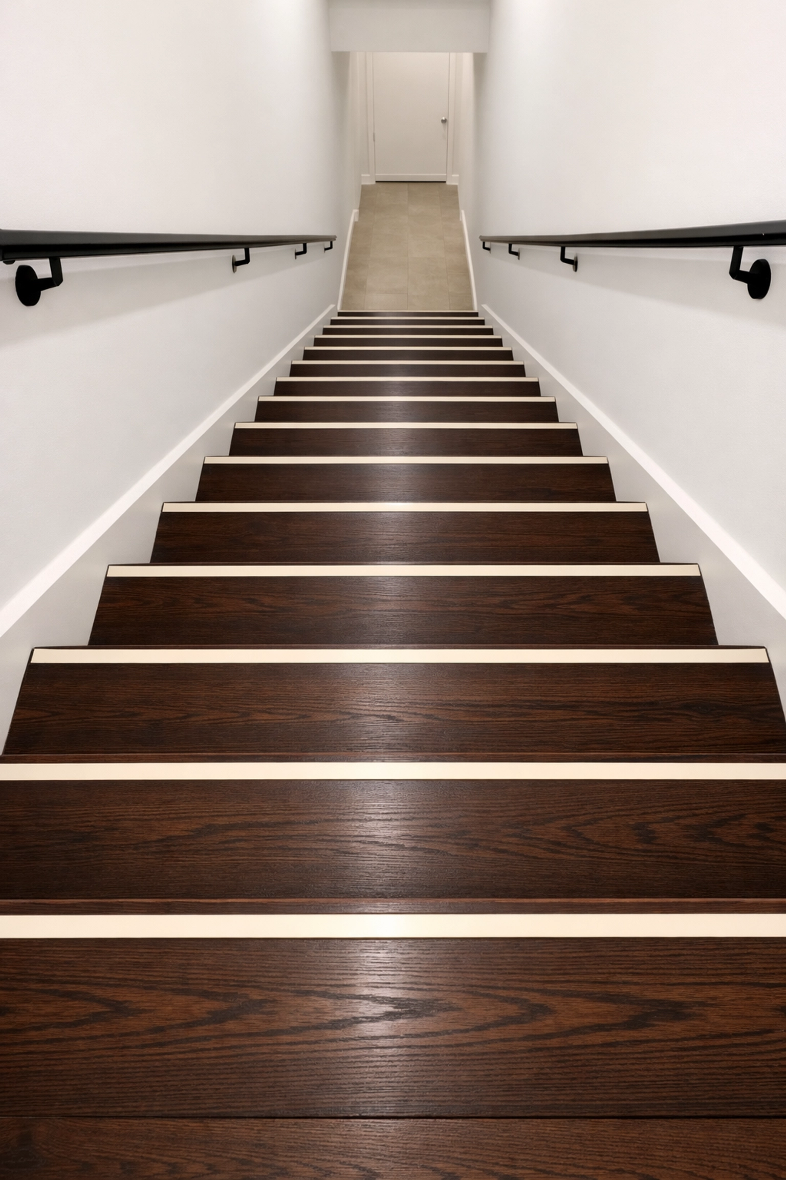 High contrast anti-slip strips on dark wood stairs viewed from the top for improved depth perception.