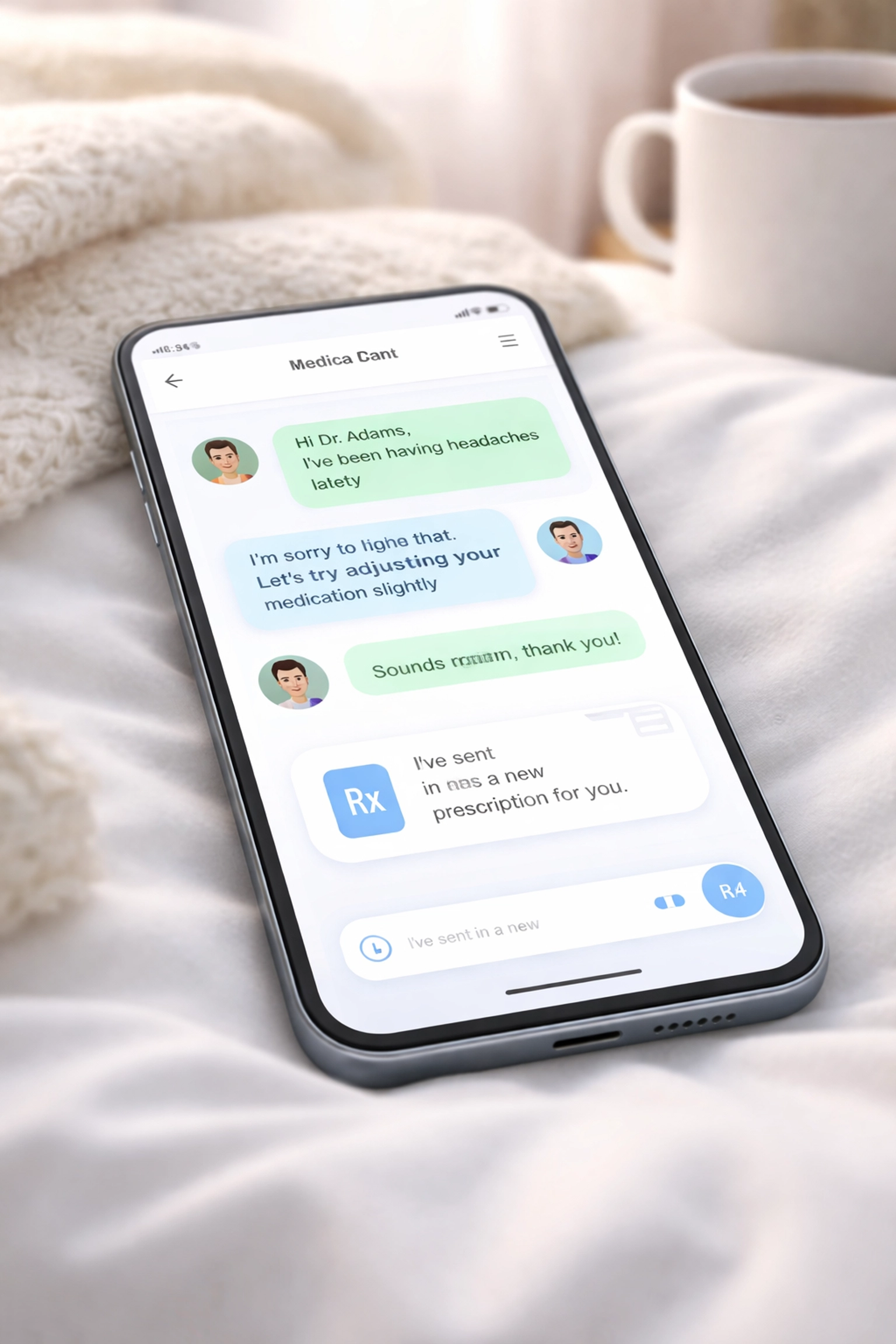 Smartphone on cozy surface showing secure online chat with doctor for UTI medication prescription
