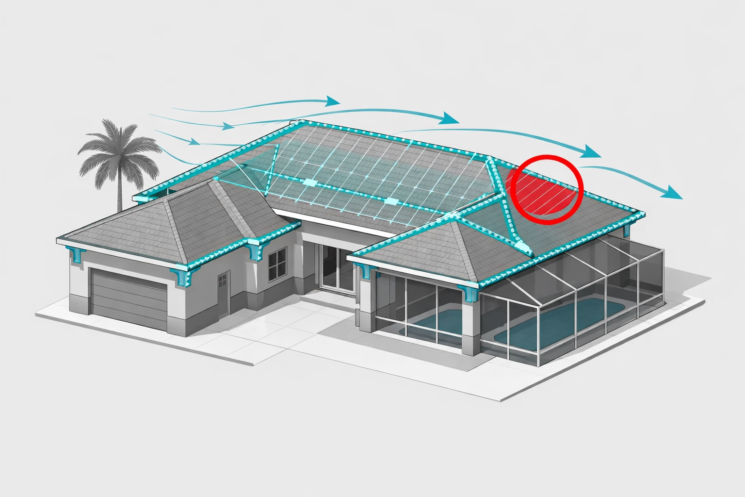 Technical illustration of a Florida home showing structural compliance and wind-load standards for building permits.