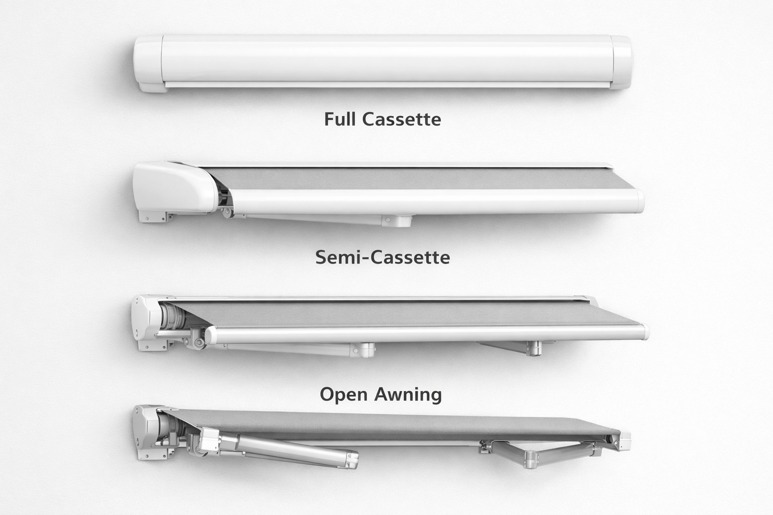 Drei Markisentypen im Vergleich: Kassetten-, Halbkassetten- und Gelenkarmmarkise