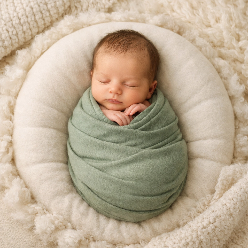 Sleeping newborn baby in a sage-green wrap during a professional Northern Beaches studio session.
