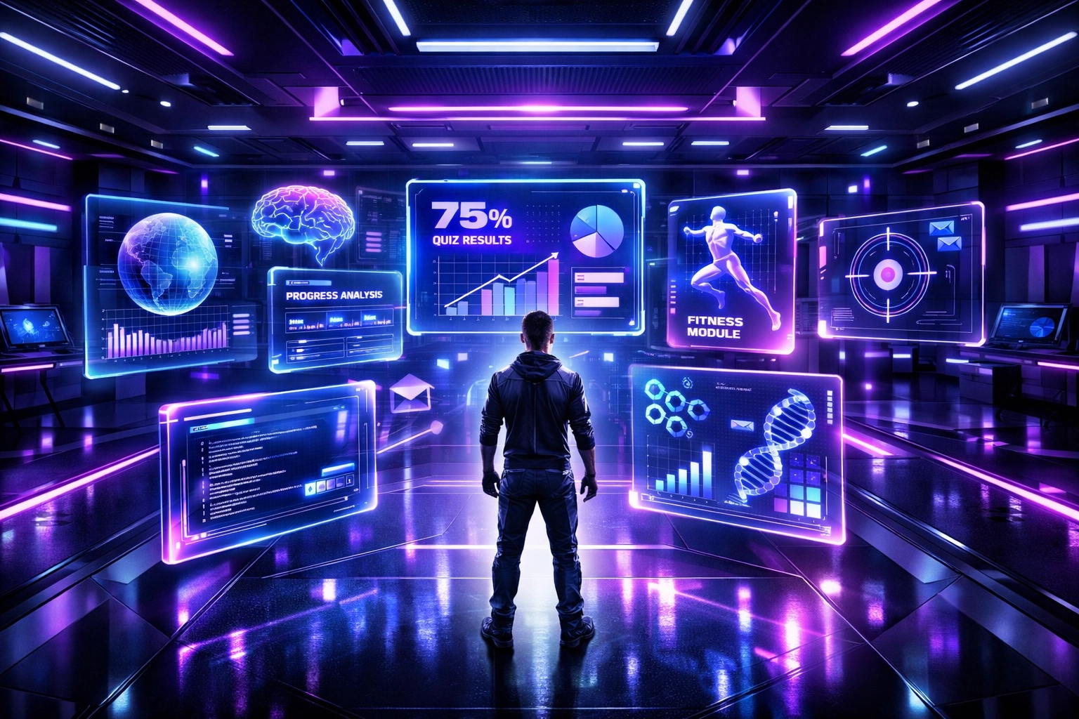 Modern digital classroom environment with holographic displays for personalized immersive learning experiences.