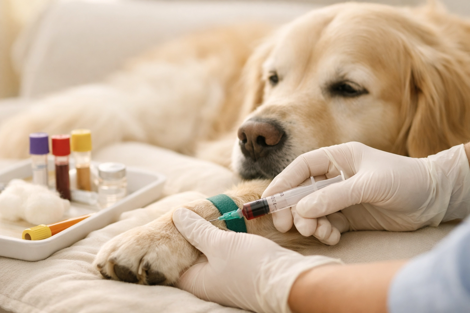 Veterinary professional drawing blood from a Golden Retriever for DNA genetic testing