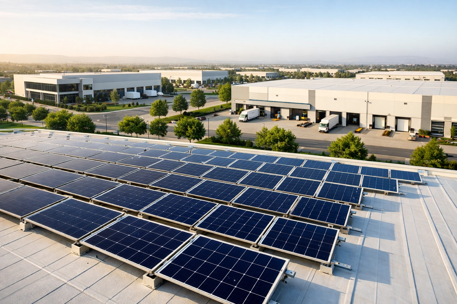 Large-scale business solar power installation on a warehouse roof providing high energy ROI.