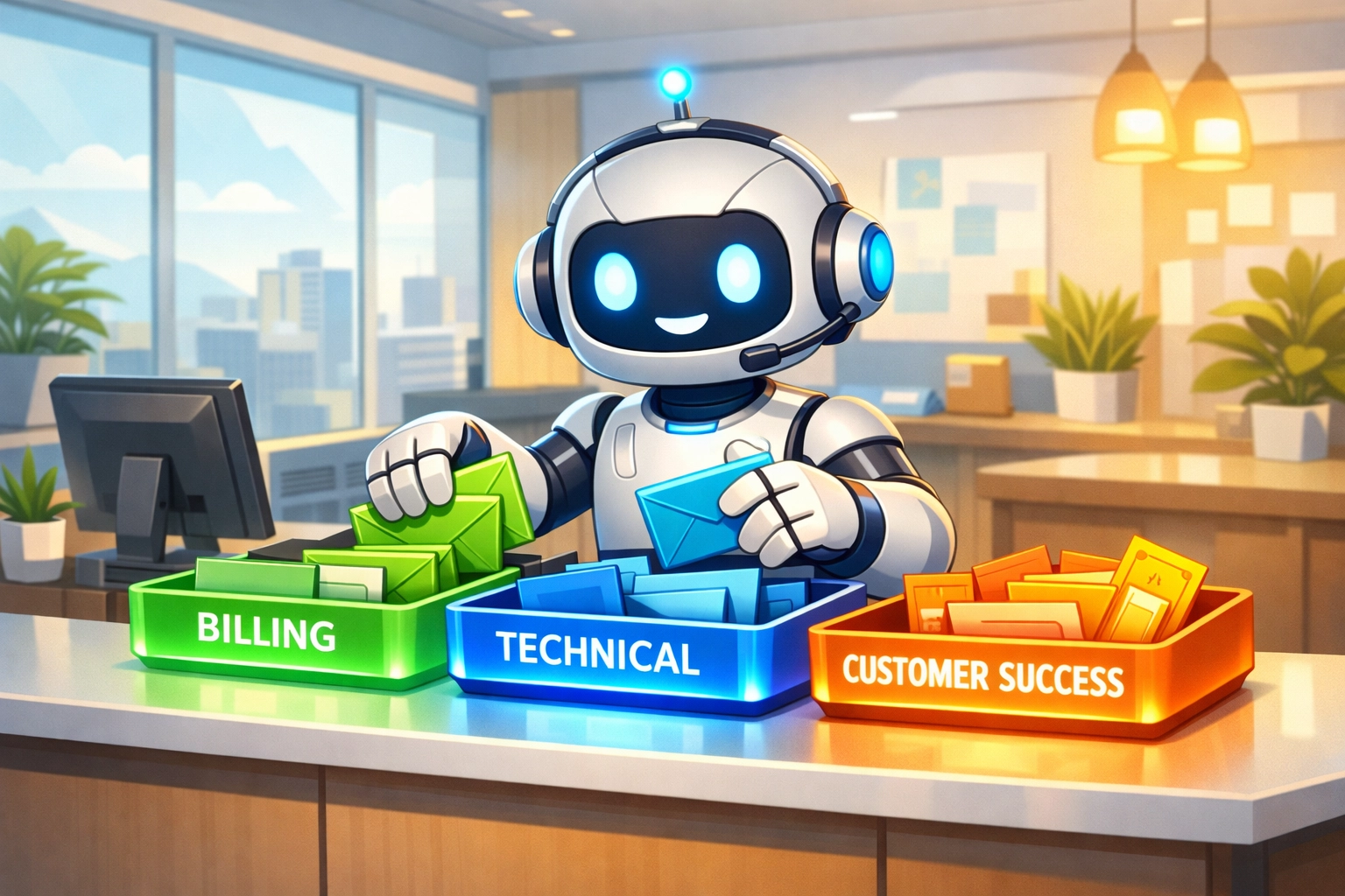 Friendly robot automatically sorting customer support tickets for faster response times