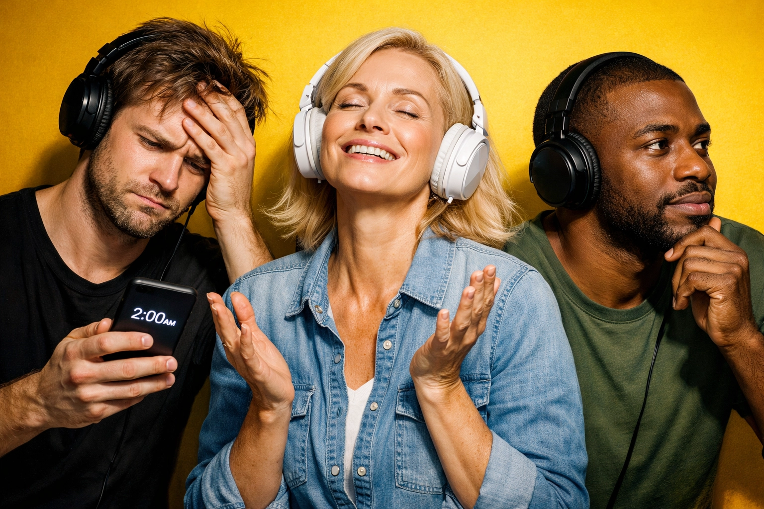 Podcast listeners wearing headphones showing different emotions from frustration to enlightenment