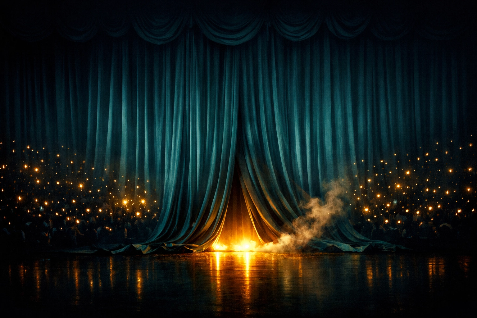 A closed theater curtain with a golden glow, representing market anticipation for a successful startup product launch.