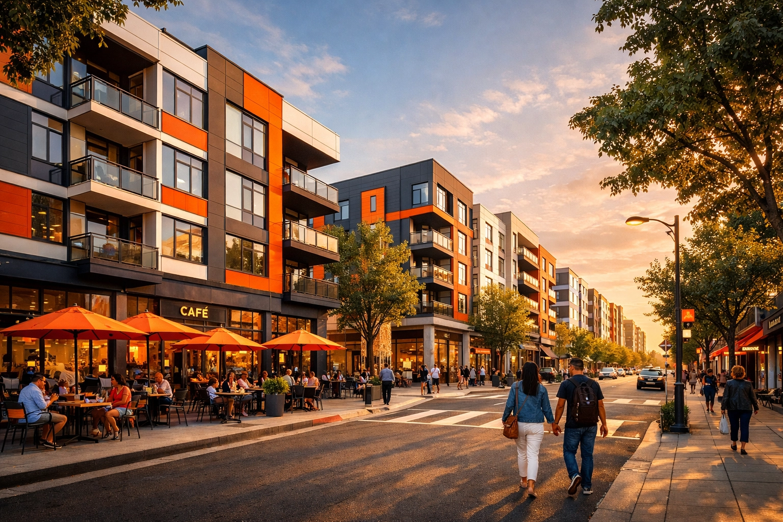 Modern podium apartments with ground-floor retail and pedestrians on urban street