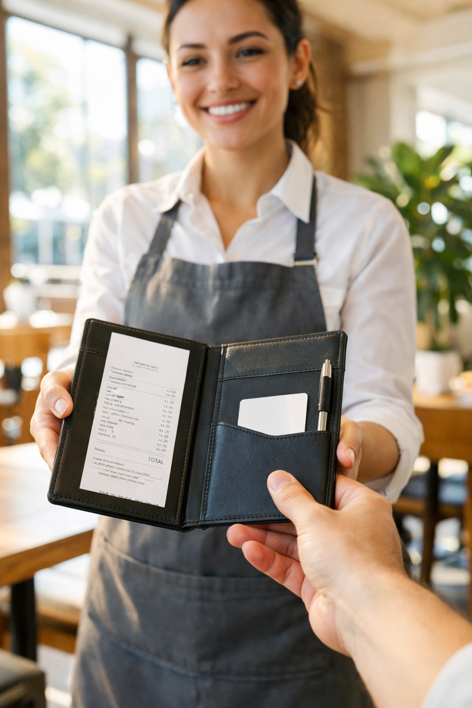 Professional server handling a transaction for accurate IRS tip reporting and 1099-K compliance.