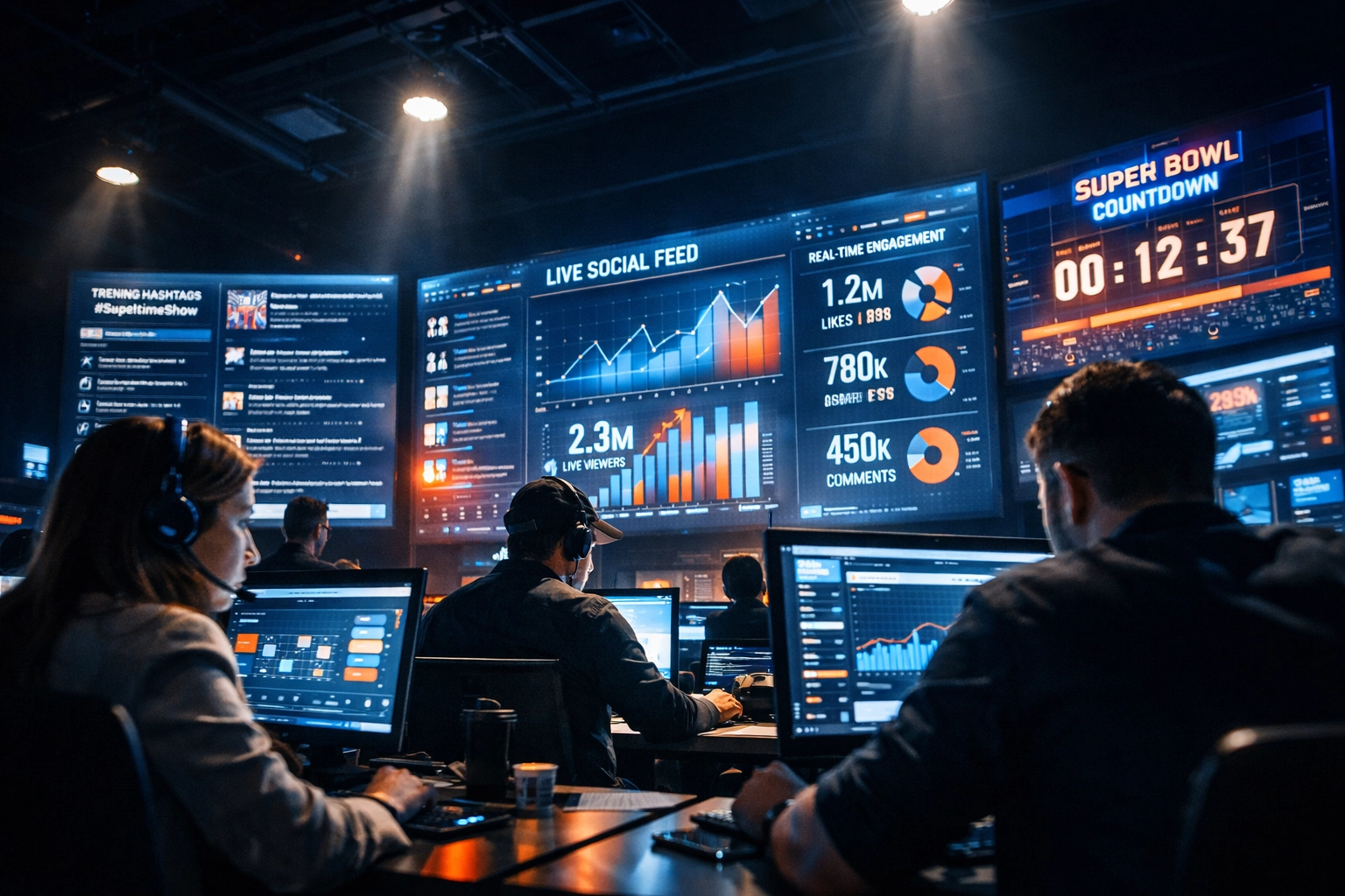Super Bowl marketing command center with real-time analytics dashboards and social media monitoring