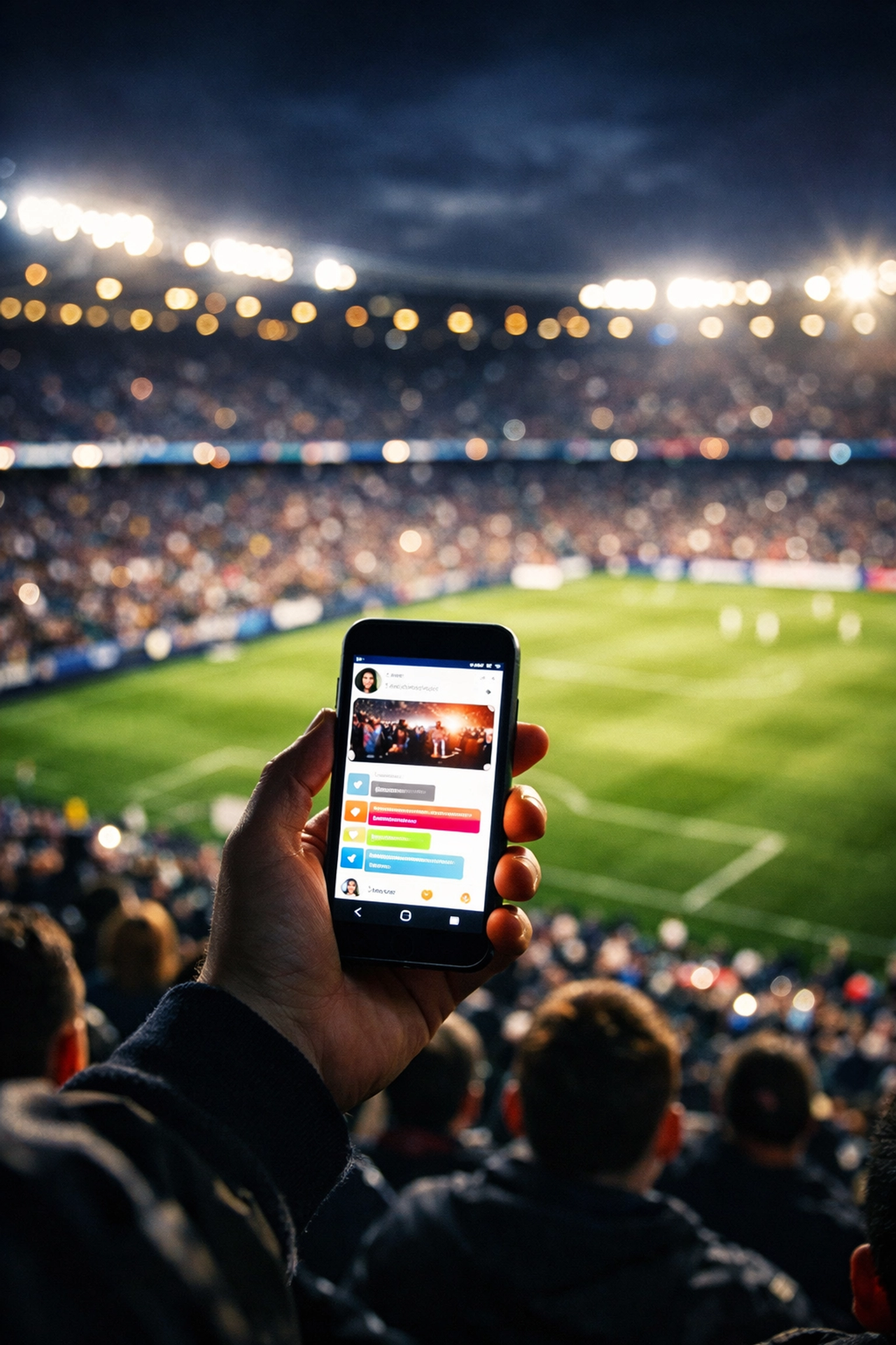 A fan using a smartphone for social media engagement during a Super Bowl game at a lit stadium.