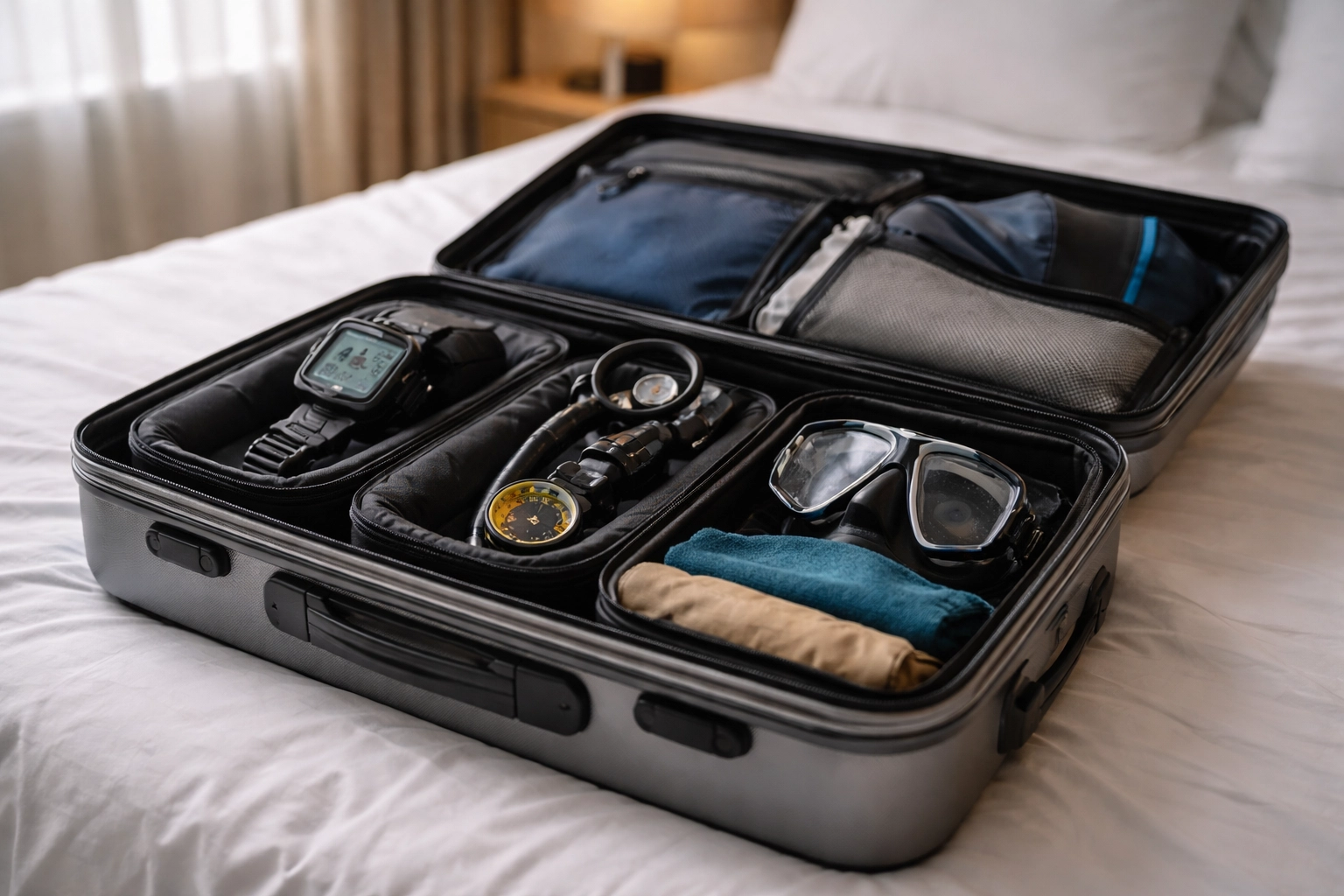 Handgepäck offen auf Hotelbett mit sicher verstauber Tauchausrüstung für den Tauchurlaub