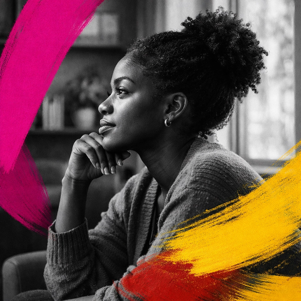 Young Black woman in therapy session reflecting on mental health journey and healing