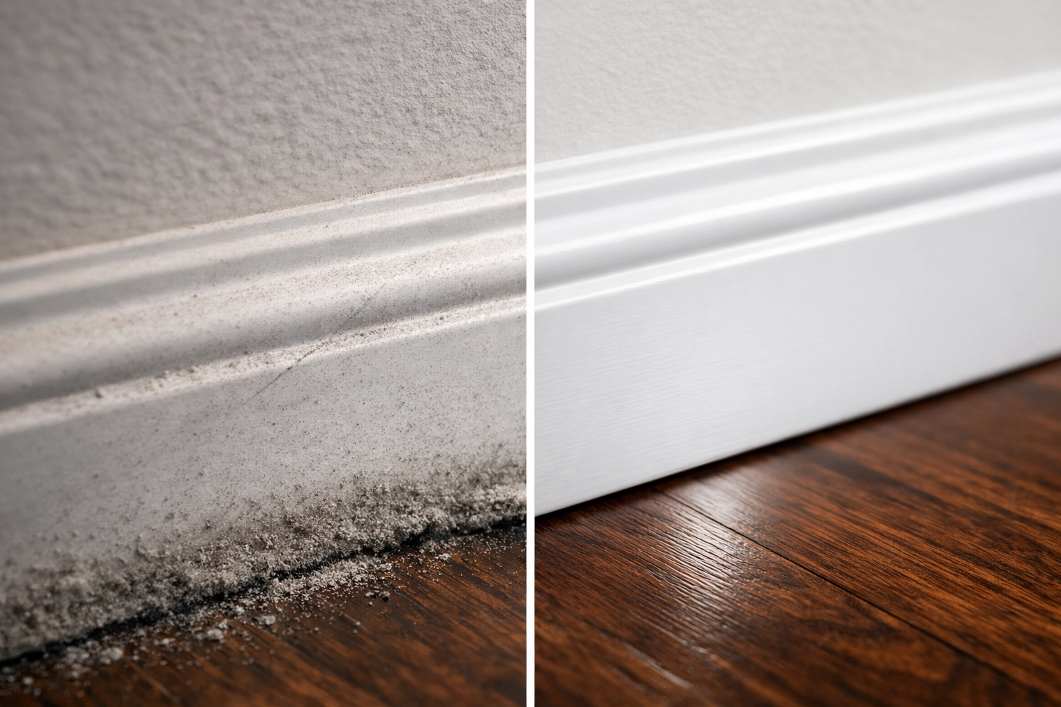 Deep cleaning vs weekly cleaning comparison of dusty and polished baseboards in a Westborough home.