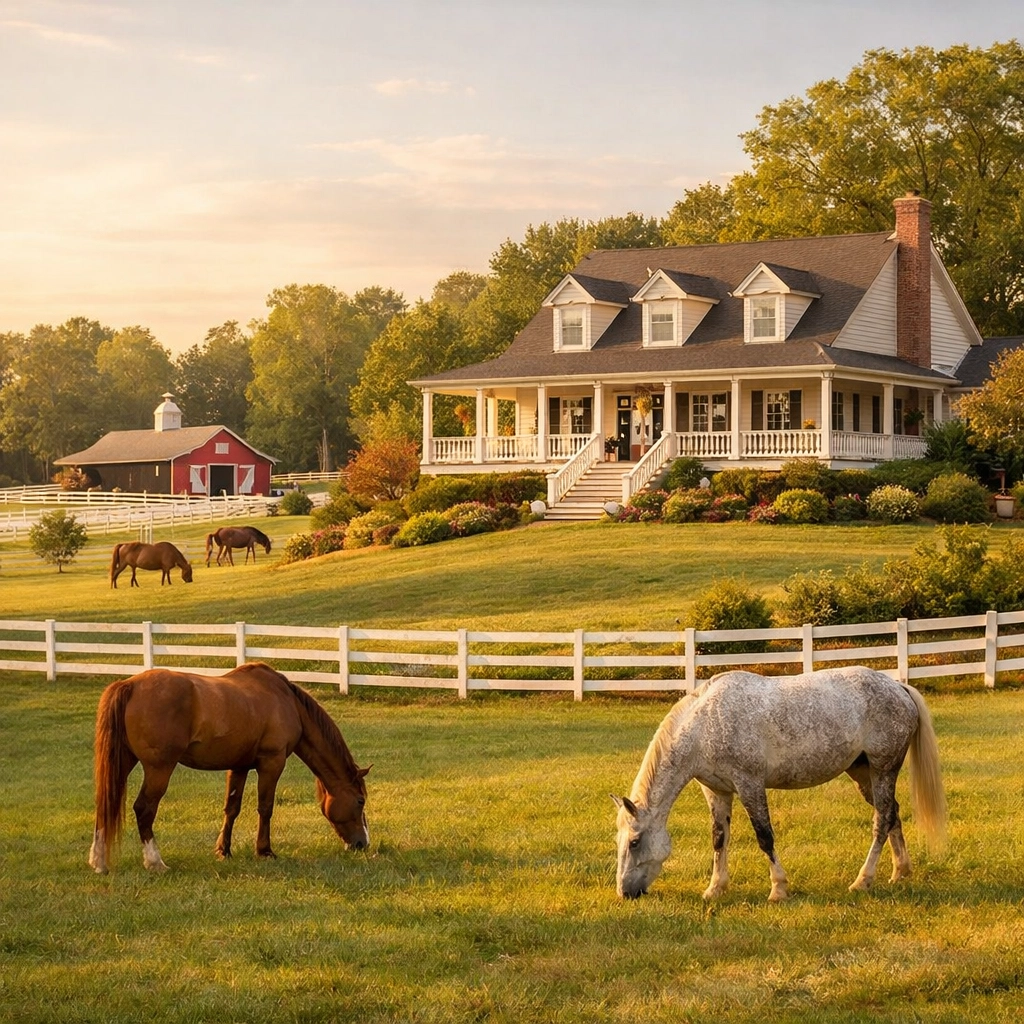 Elegant farmhouse with horse pastures on equestrian estate in Waxhaw NC