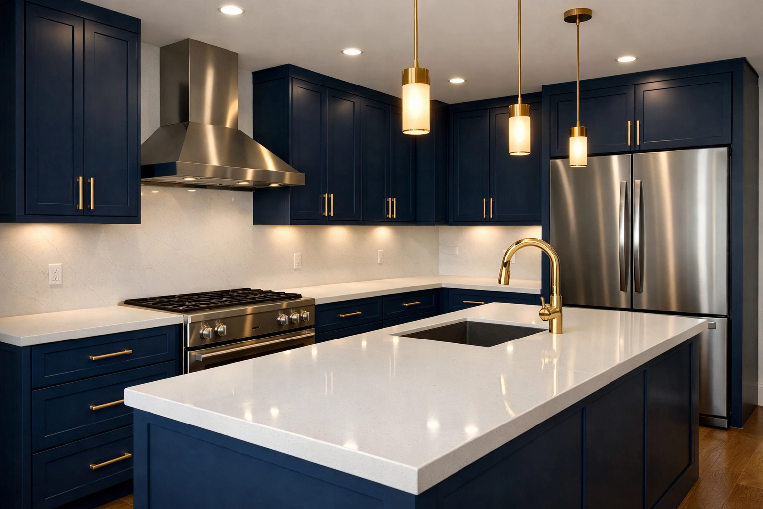 A spotless modern kitchen with blue cabinets after a professional deep cleaning Worcester service.