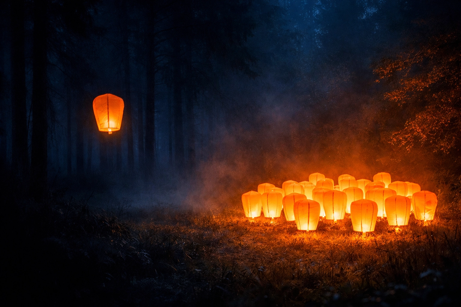 Lanterns in a dark forest representing the health benefits of community vs the risks of social isolation.