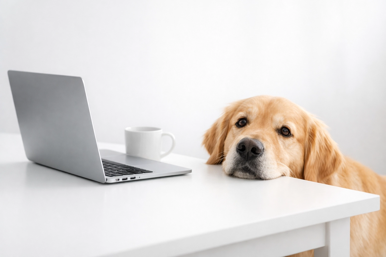 Golden retriever resting at a white desk with a laptop, highlighting pet-friendly employee benefits.