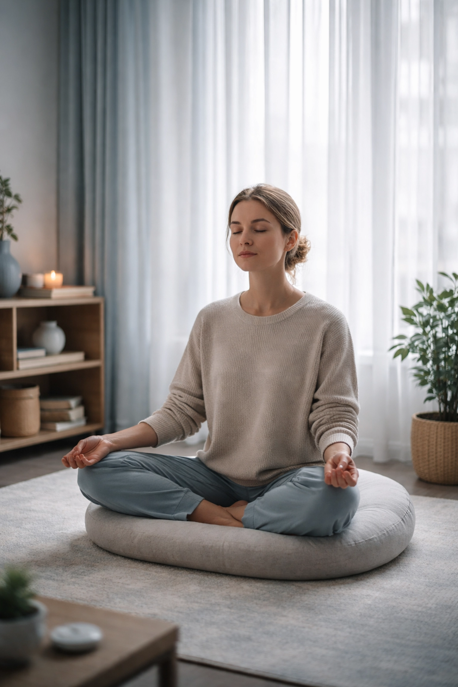 Person meditating in a calm therapy room representing nervous system regulation for anxiety and ADHD