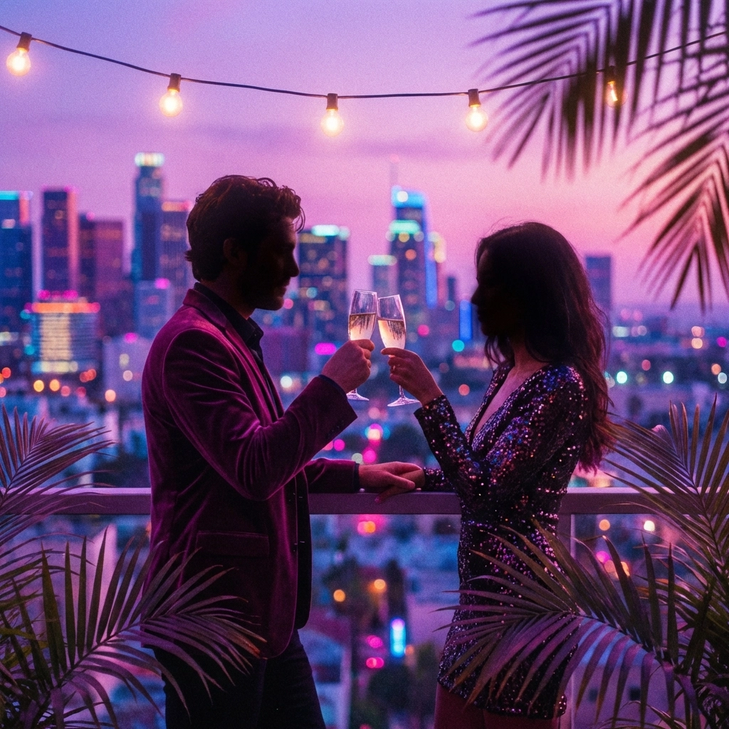 Romantic couple toasting champagne on a hotel balcony at twilight, highlighting travel's impact on relationships
