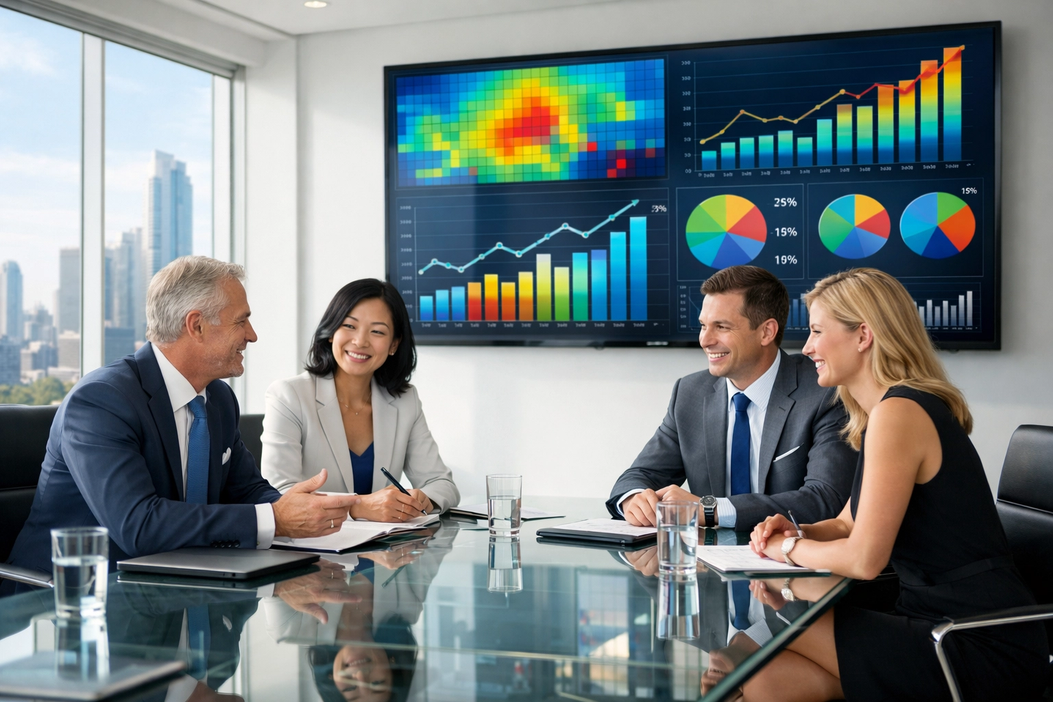 Leadership team in a modern boardroom analyzing corporate hospitality ROI and growth strategy.