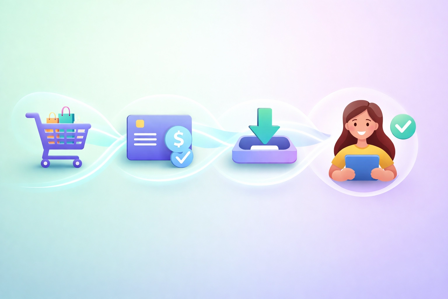 Automated digital payment and eBook download process, showing easy passive sales for online eBook sellers