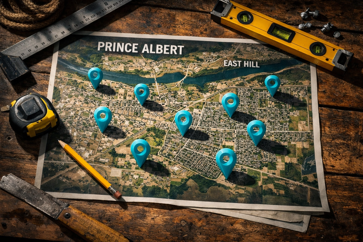 Prince Albert neighborhood map with contractor tools planning local SEO strategy