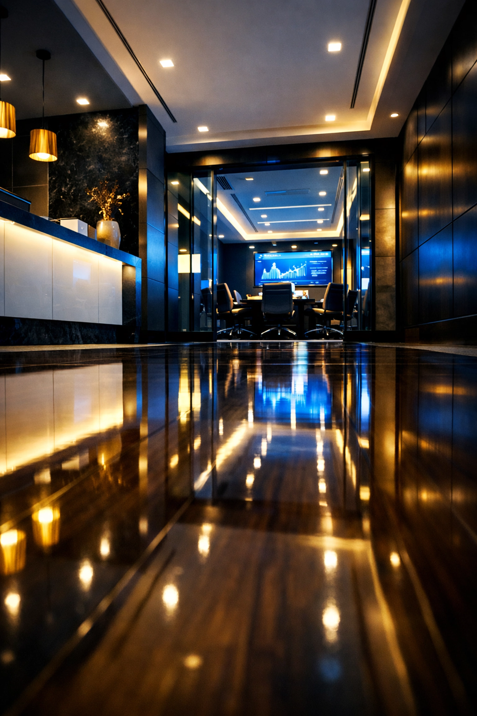 High-end commercial cleaning results showing polished floors in a professional Bedford office environment.