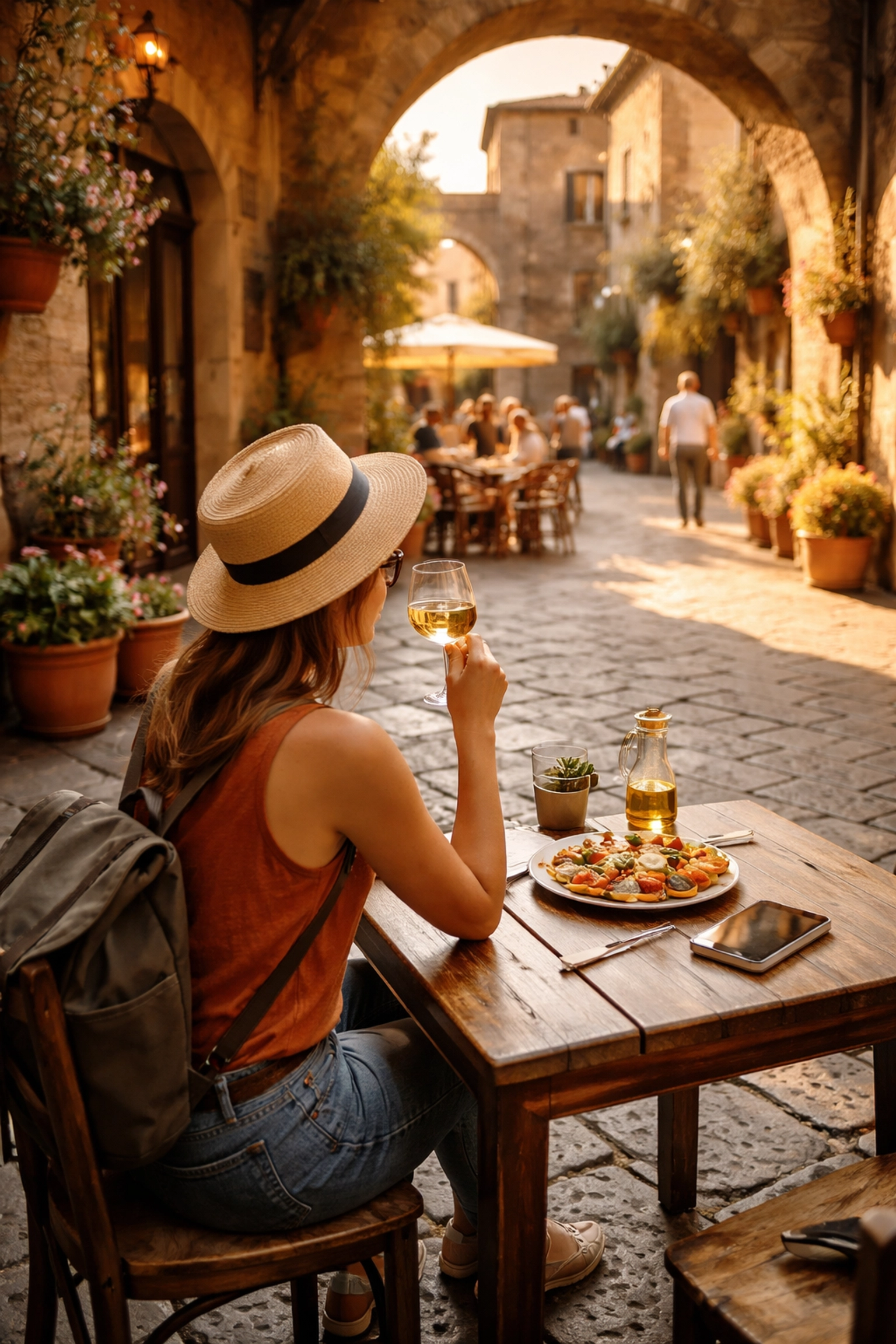 Solo traveler enjoying local cuisine at a rustic Italian café, highlighting slow travel and cultural immersion.