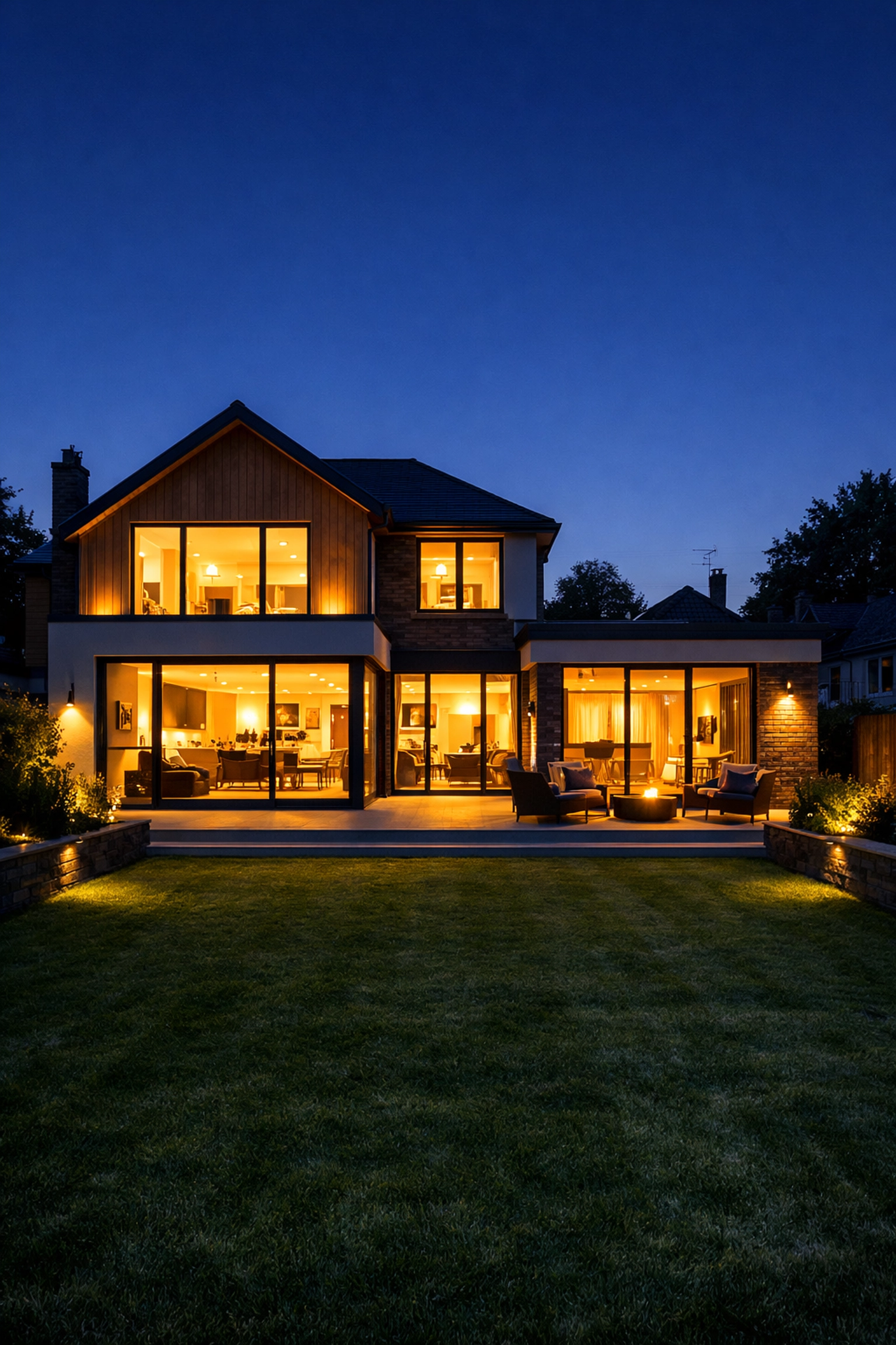 A self-sufficient UK home illuminated at night, showing the benefits of solar battery backup and energy security.