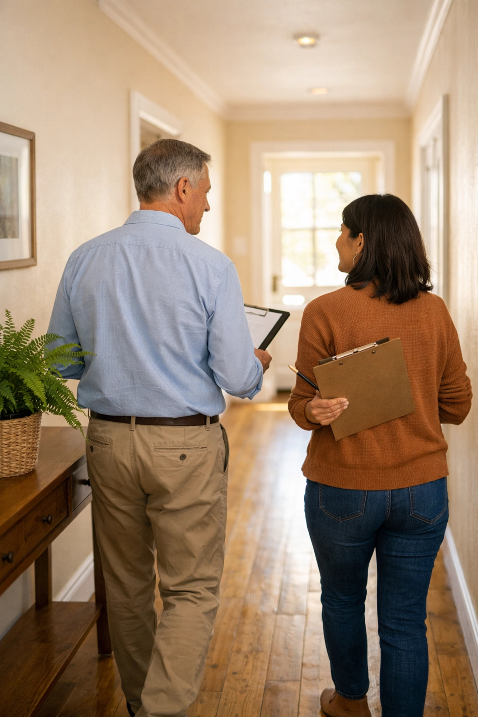 Landlord and tenant conducting property check-in inspection together in hallway
