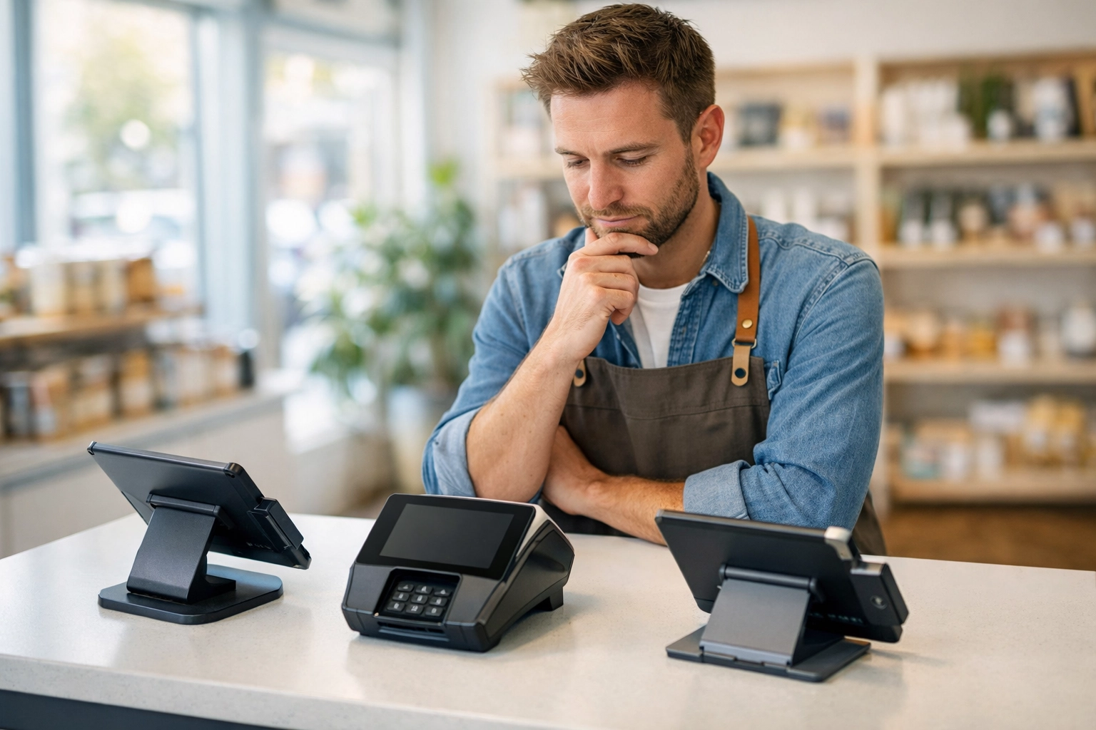 UK small business owner comparing POS systems including SumUp, Epos Now and Shopify in retail shop