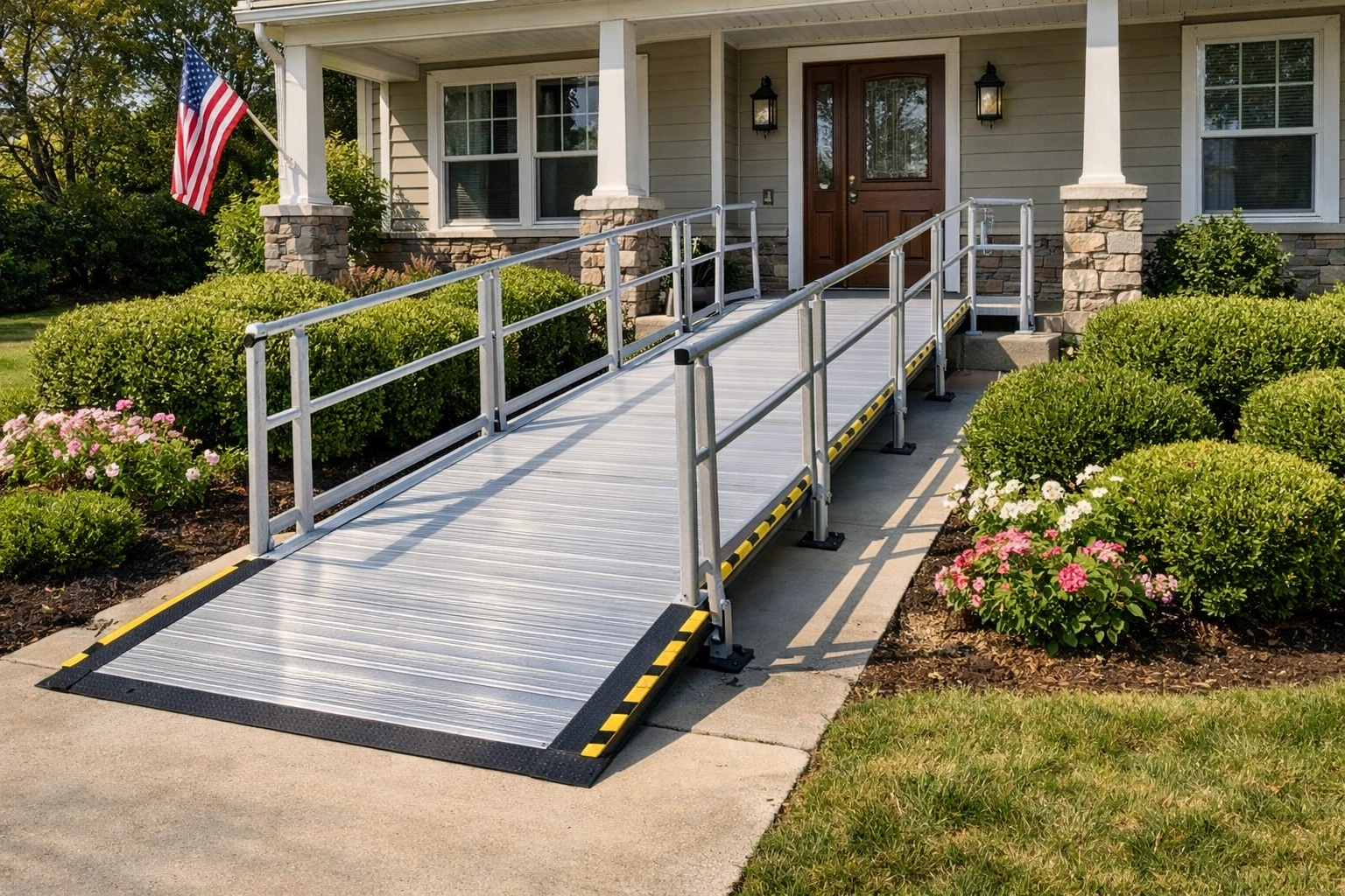 Professionally installed aluminum wheelchair ramp with a safe slope for home accessibility.