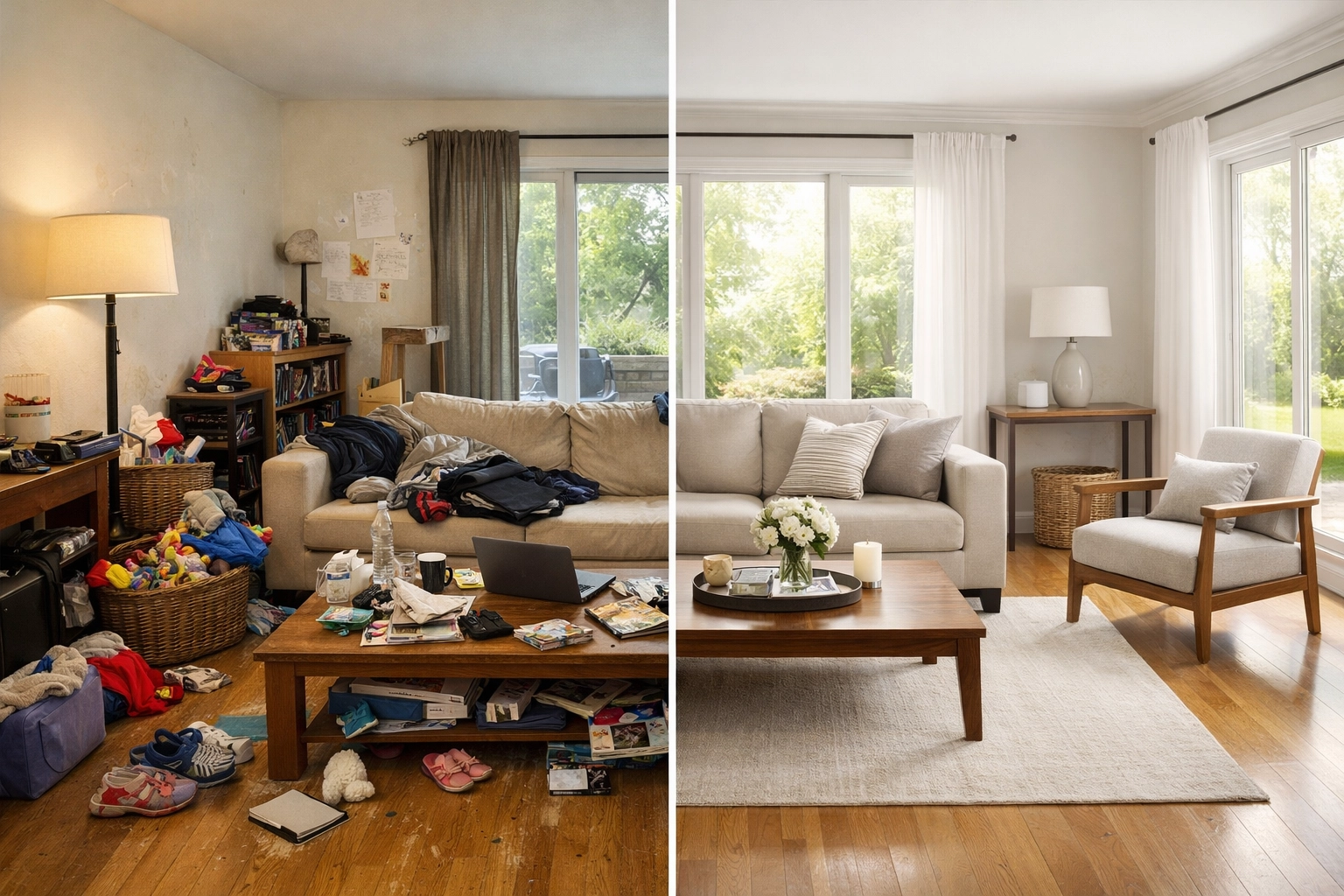 Before and after of staged Denver home showing clean, decluttered living room ready for sale