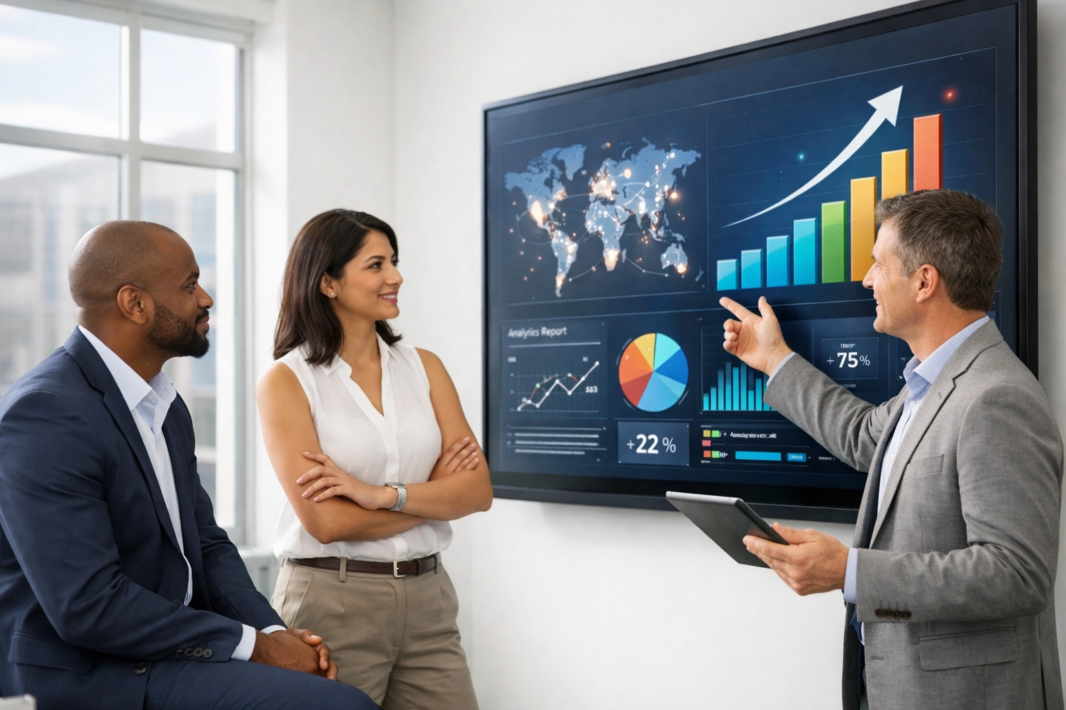 Strategic consultants analyzing brand partnership data on a large digital screen in a modern office.