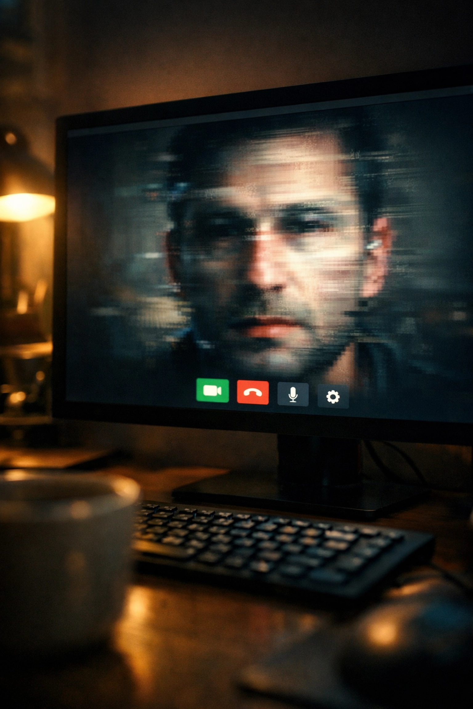 Deepfake video call screen showing AI-enabled fraud in remote hiring and workplace infiltration