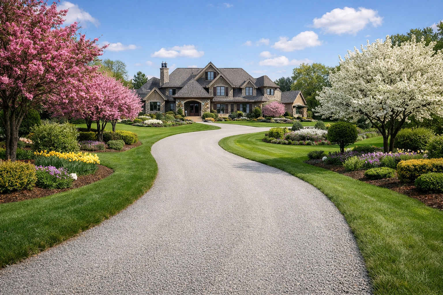 Pristine gravel driveway at a luxury estate showcasing superior curb appeal and structural integrity.