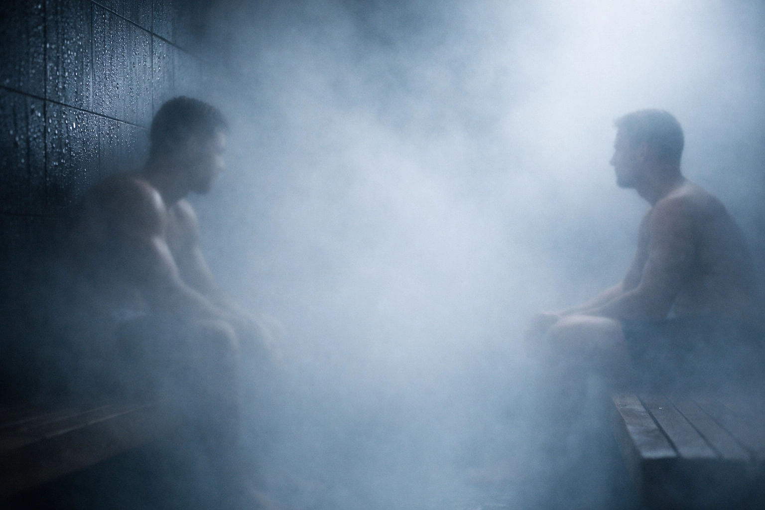 Two men respecting personal space in misty gay gym steam room