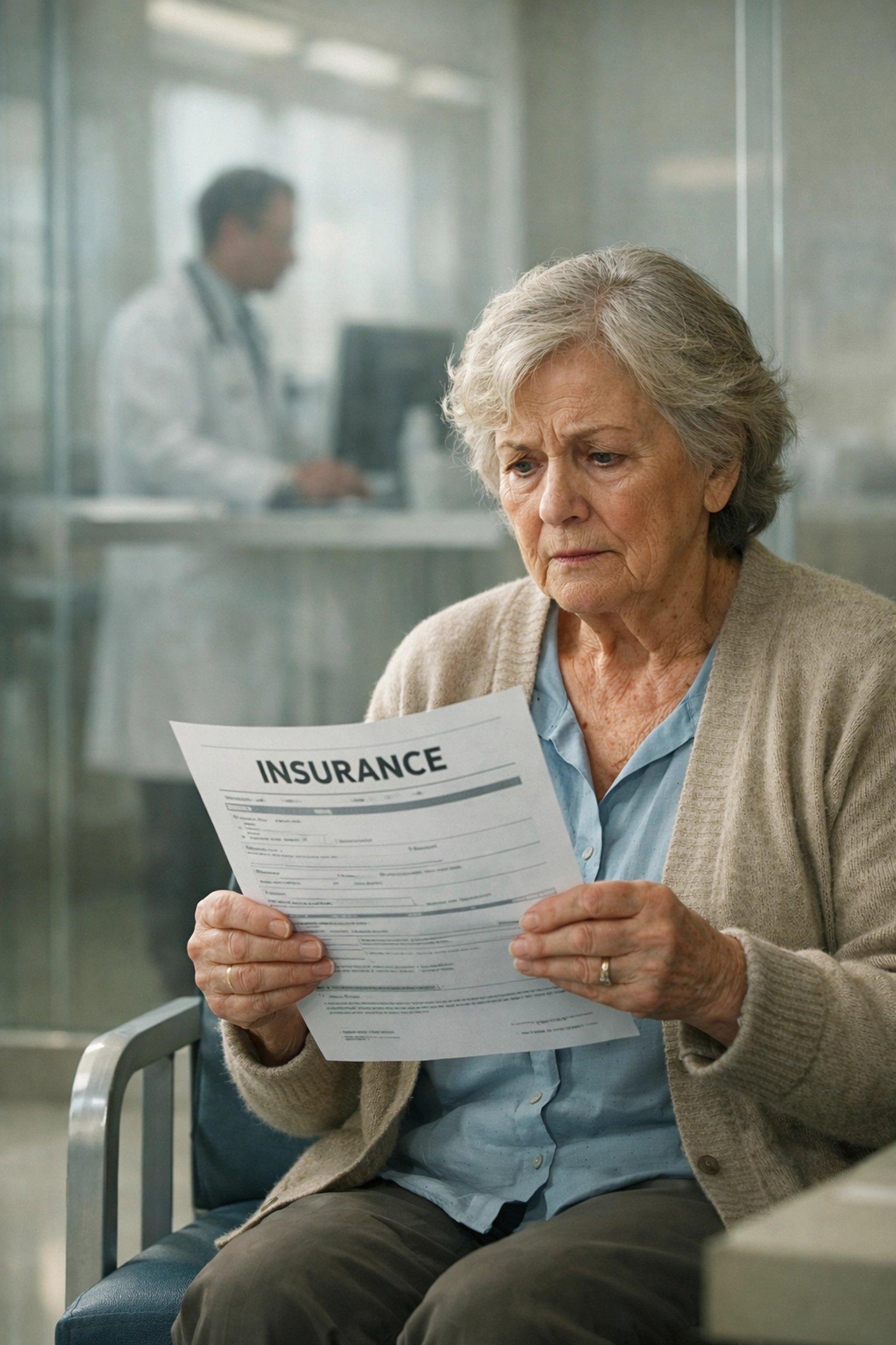 Concerned patient with insurance documents highlighting healthcare claim denials and administrative barriers.
