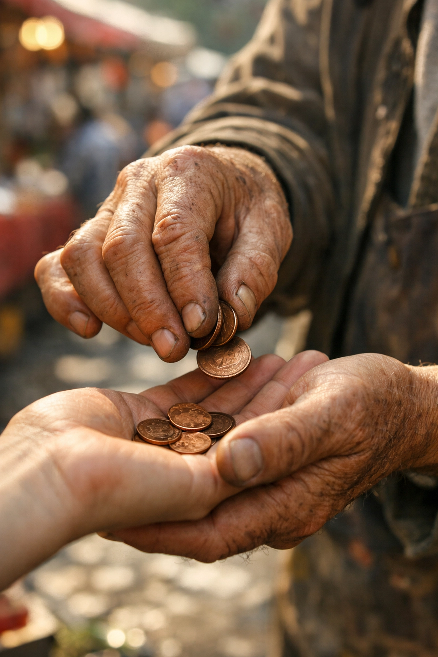 Close-up street photography ideas focusing on expressive hand gestures of a market vendor.