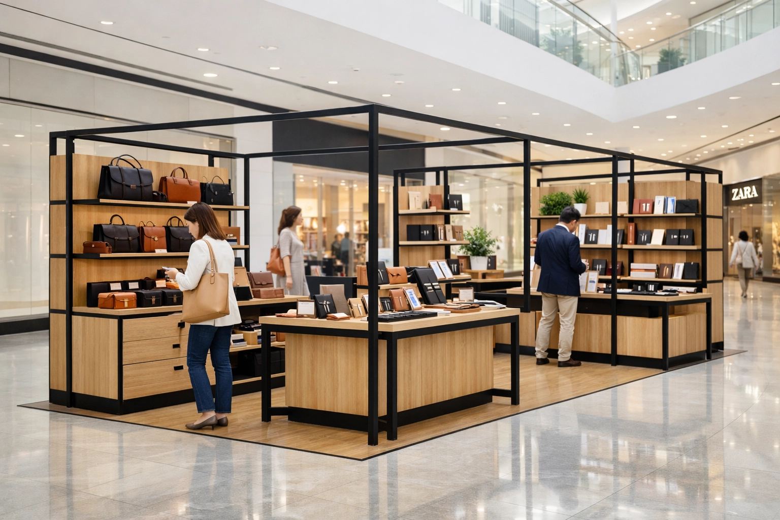 Sleek mall pop up shop setup with professional product displays in a modern retail center.