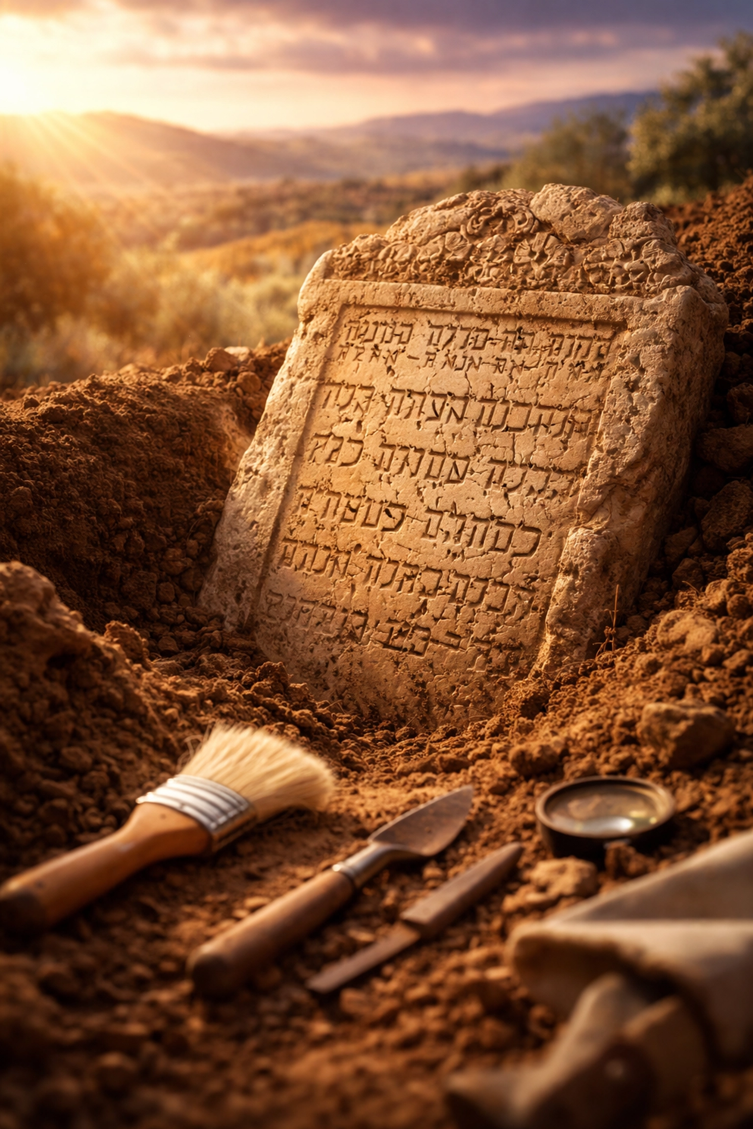 Stone inscription stele partially unearthed in Israel, emphasizing archaeological evidence supporting King David's existence