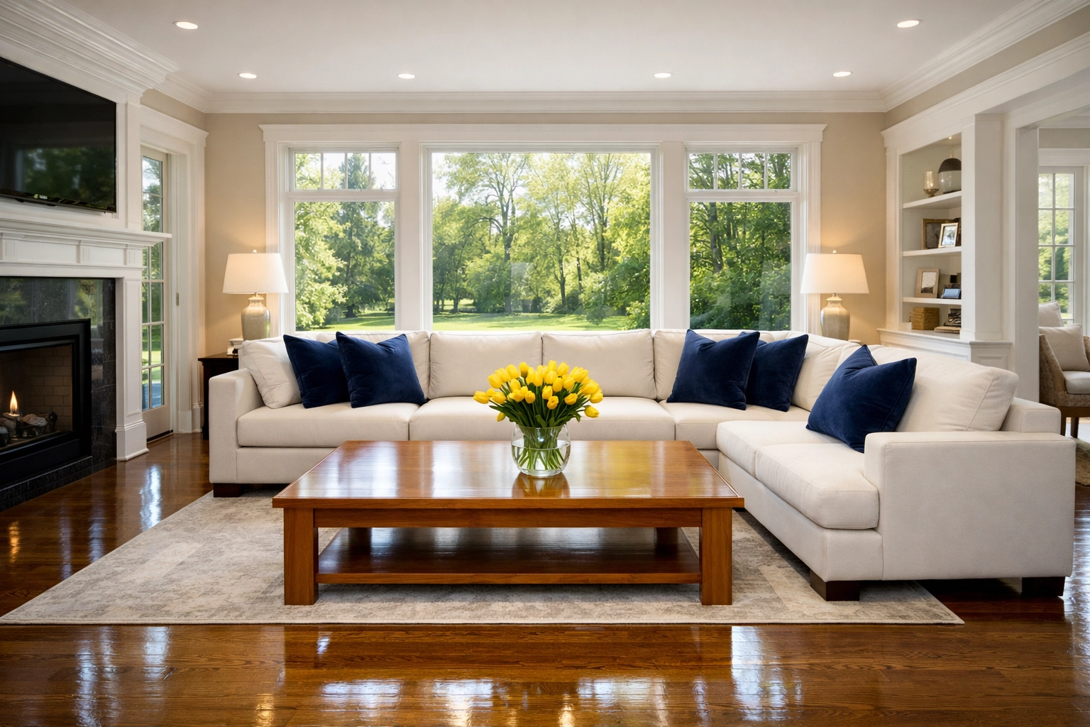 Clean Medfield living room with shiny hardwood floors and a white sofa, representing a calm weekly house cleaning result.