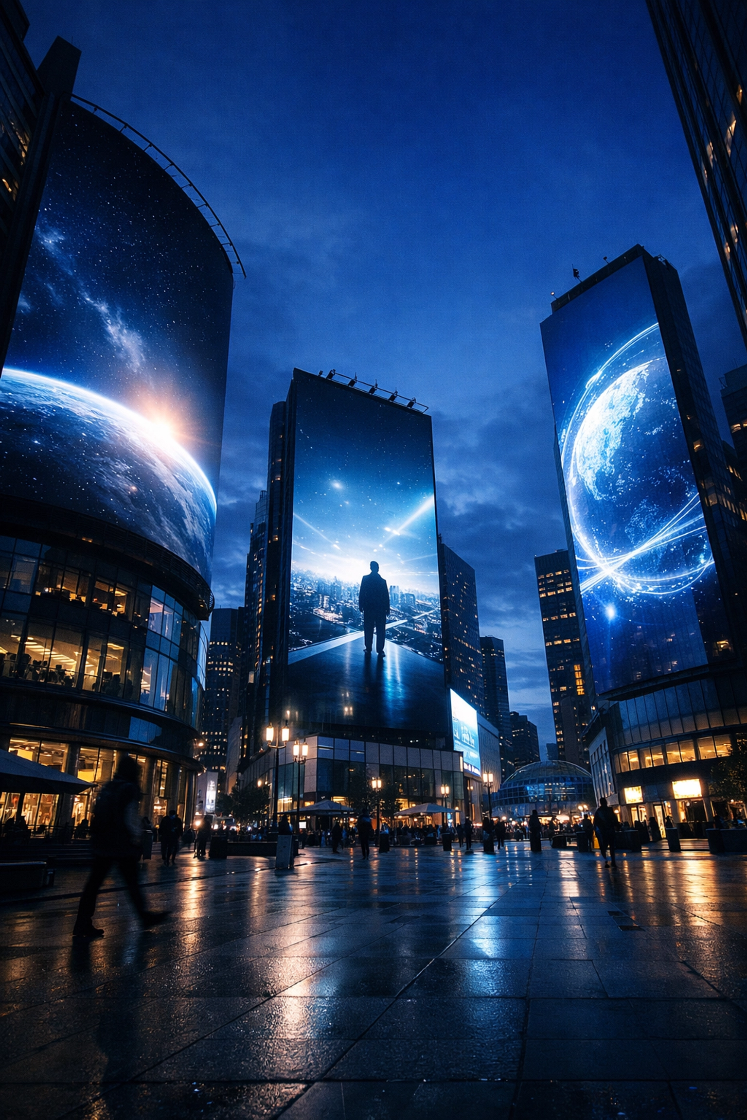 Large-scale digital billboards in an urban square showcasing a global DOOH network and hyper-local reach.