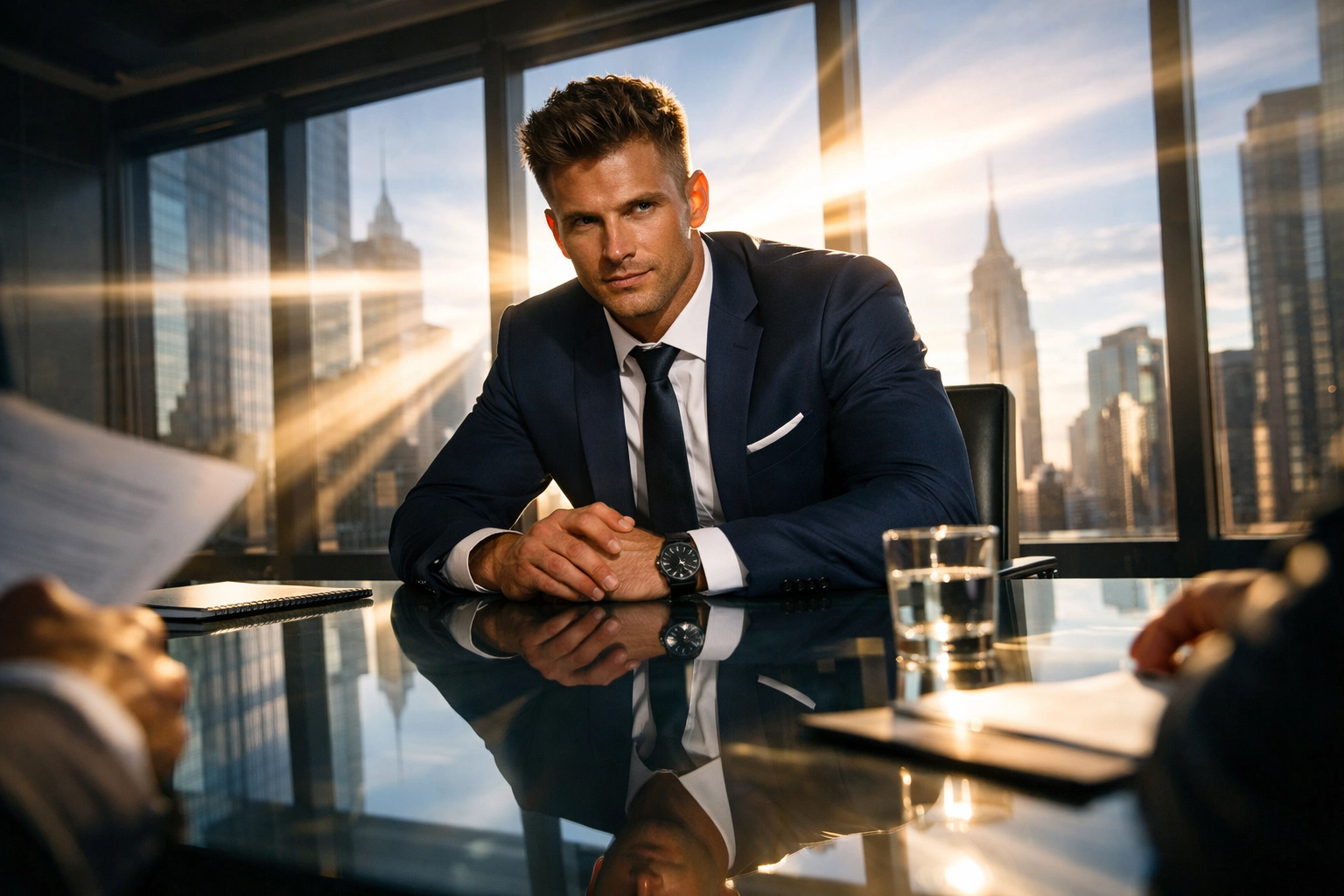 A fit professional athlete in a boardroom, demonstrating the successful transition from sports to career.