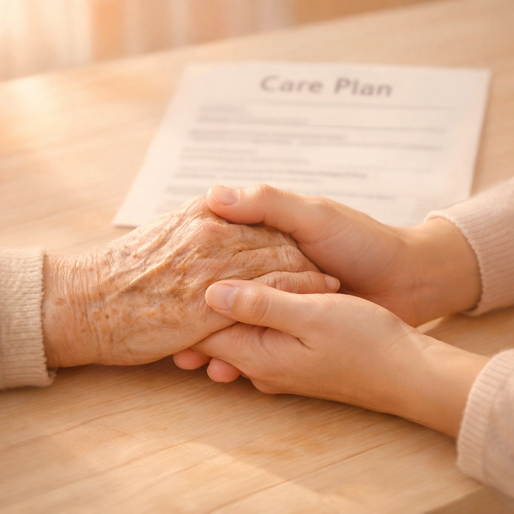Caregiver and senior hands together reviewing dementia care plan