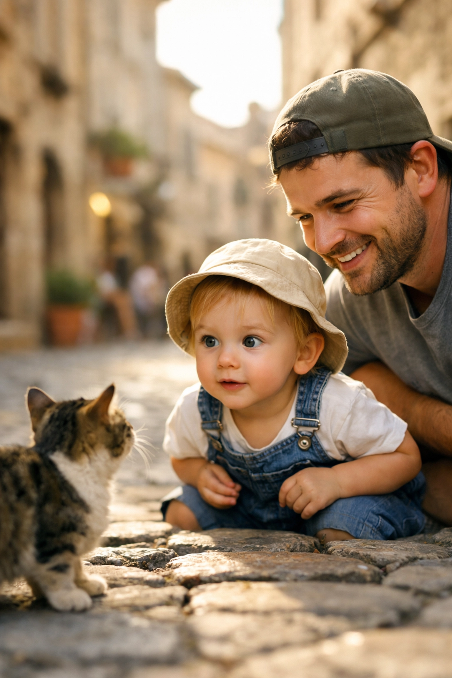 Father crouched to child's eye level for intimate travel photography on a cobblestone street.