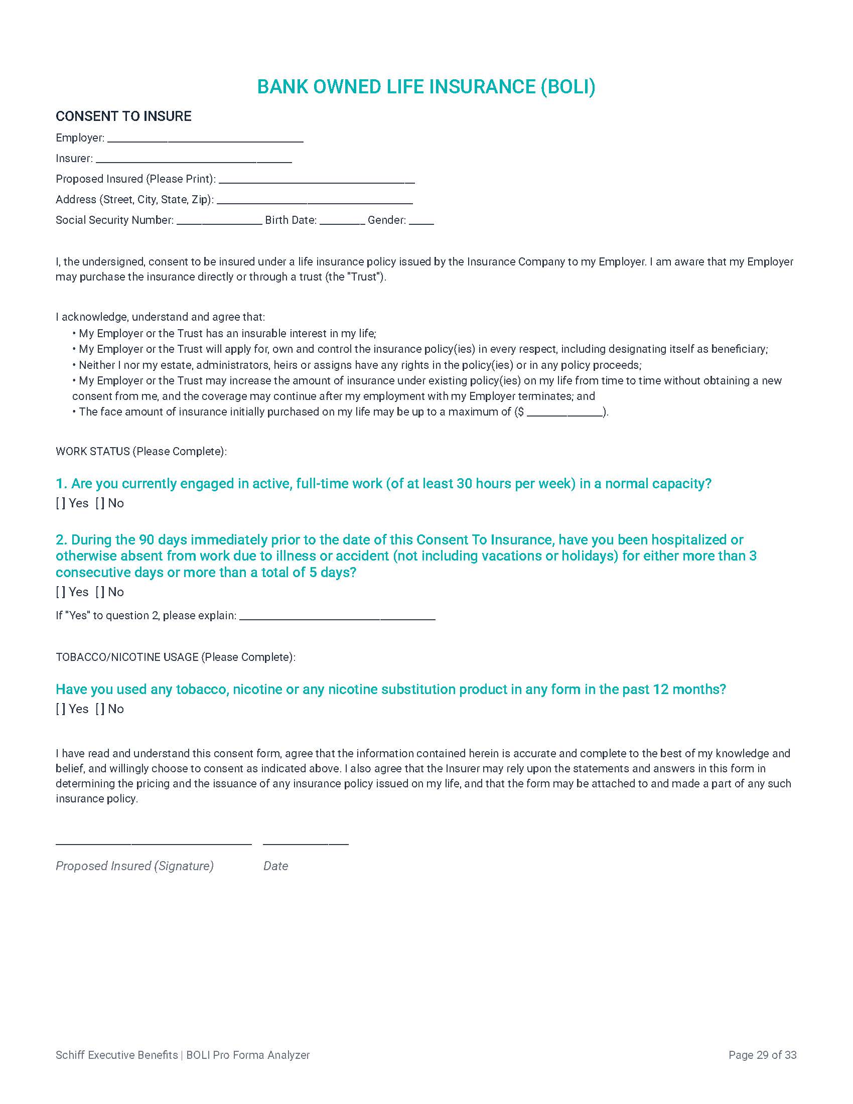 Sample Bank Owned Life Insurance (BOLI) consent form, used to ensure compliance in executive benefit structures