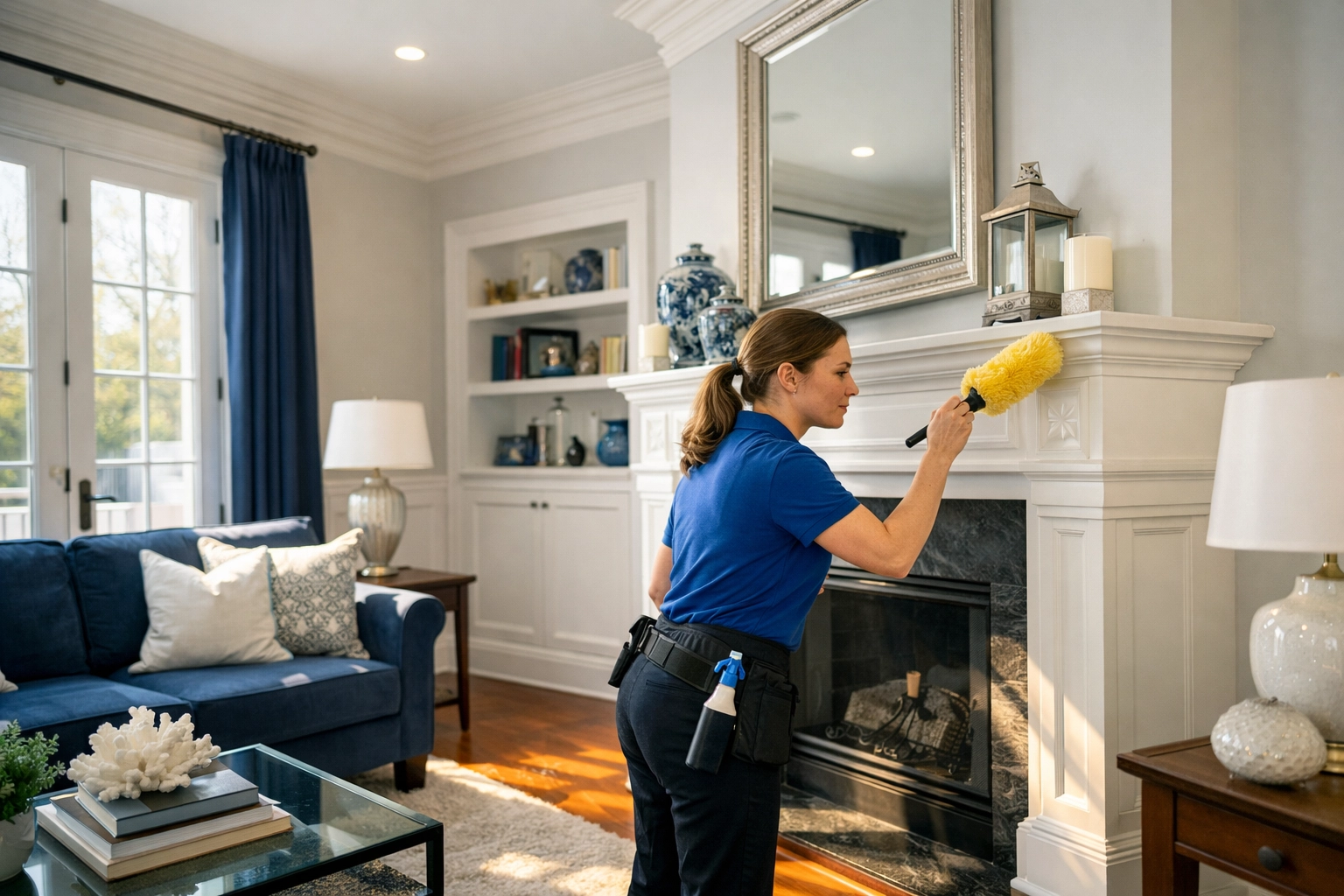 Professional cleaner dusting a mantle during a house cleaning service in Southborough.